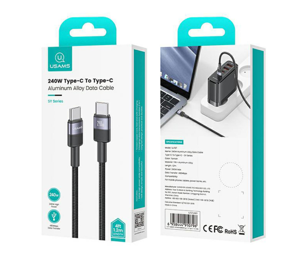 USAMS Kabel pleciony 240W USB-C/USB-C 1,2m stalowy - 1569087 - zdjęcie 8